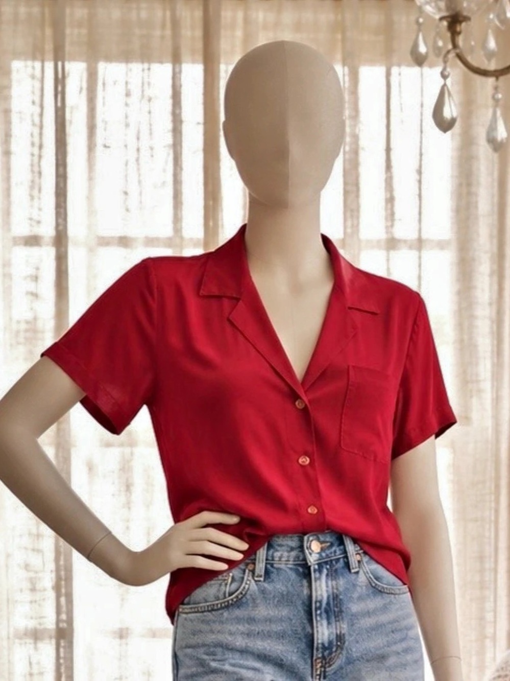 100% Silk Vintage Button Front Top in Red